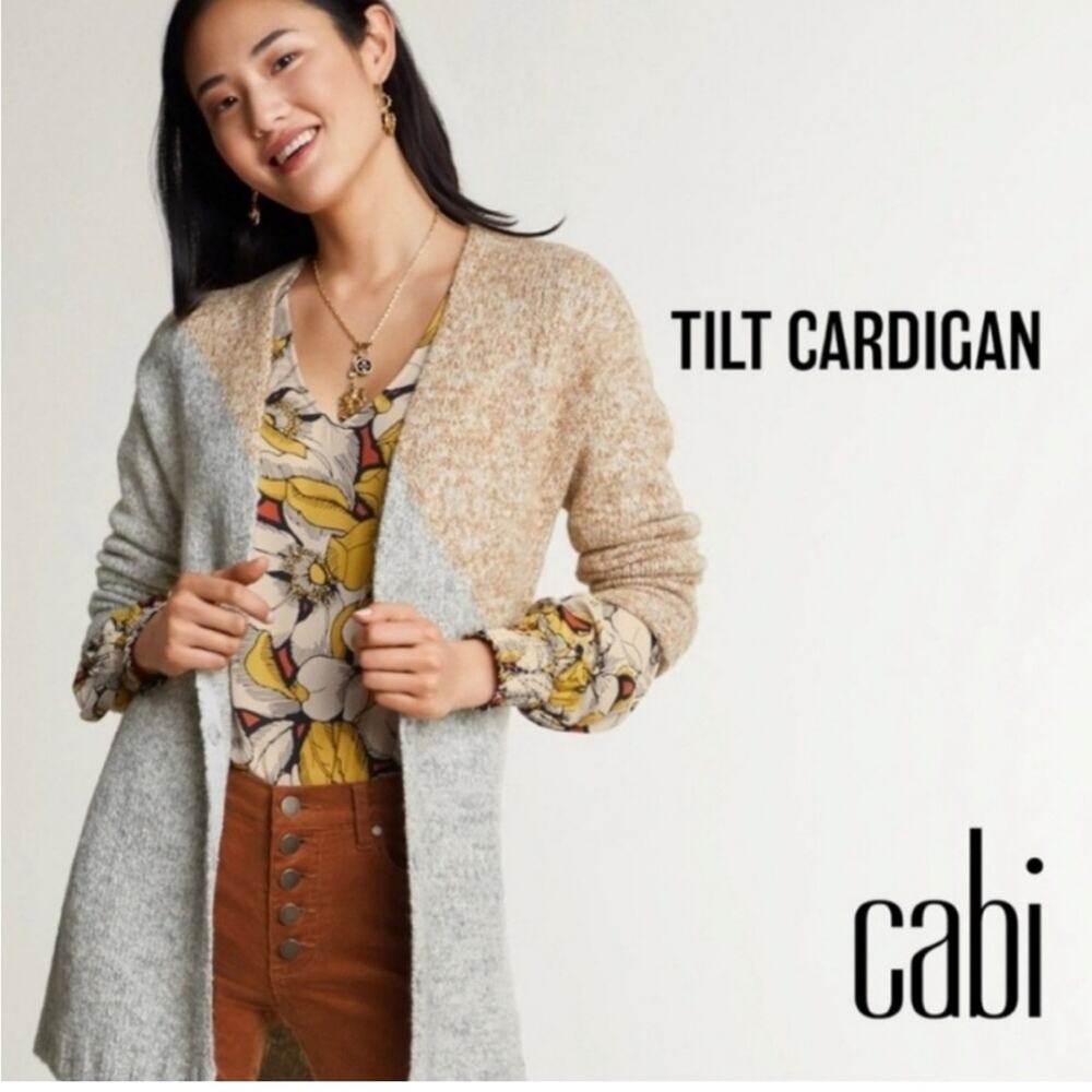 Cabi Tilt tan gray color block v neck snap‎ front cardigan size Small #3886